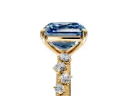 Cluster Engagement Ring Setting for Fancy Blue Asscher Cut Center with Round Cut Accent Band and Prong Head in Yellow Gold