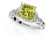 Solitaire Engagement Ring Setting for Fancy Yellow Princess Cut Center with Filigree Band and Prong Head in White Gold
