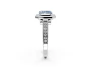 Halo Engagement Ring Setting for Fancy Blue Emerald Cut Center with Outer Bezel Rim, Pave Band and Prong Head in Platinum