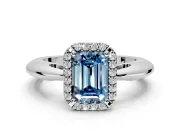 Halo Engagement Ring Setting for Fancy Blue Emerald Cut Center with Tapered Plain Band and Prong Head in Sterling Silver