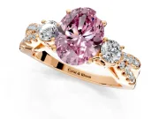 3 Stone Engagement Ring Setting for Fancy Pink Oval Center with Pave Split Shank and Prong Head in Rose Gold