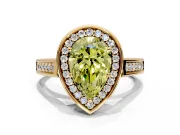 Halo Engagement Ring Setting for Fancy Yellow Pear-Shaped Center with Outer Bezel Rim, Pave Band and Prong Head in Yellow Gold