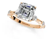Solitaire Engagement Ring Setting for Asscher Cut Center with Bezel Station Band and Prong Head in Rose Gold