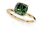 Low-Set Solitaire Engagement Ring Setting for Fancy Green Cushion Cut Center with Thin Plain Band and Prong Head in Yellow Gold