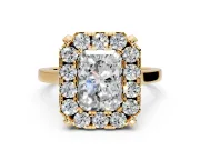 Single Halo Engagement Ring Setting for Radiant Cut Center with Corner Claws, Plain Band and Prong Head in Yellow Gold
