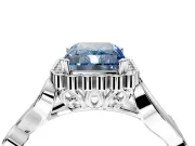 Halo Engagement Ring Setting for Fancy Blue Radiant Cut Center with Leaf Motif Split Shank and Prong Head in Platinum