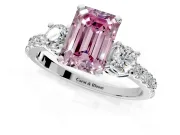 3 Stone Engagement Ring Setting for Fancy Pink Emerald Cut Center with Round Cut Side Accents and Prong Head in Sterling Silver