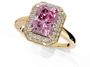 Halo Engagement Ring Setting for Fancy Pink Radiant Cut Center with Plain Tapered Band and Prong Head in Yellow Gold
