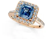 Halo Engagement Ring Setting for Fancy Blue Asscher Cut Center with Pave Accents, Heart Basket and Prong Head in Rose Gold
