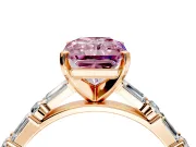 Baguette Engagement Ring Setting for Fancy Pink Radiant Cut Center with Alternating Bar-Set Band and Prong Head in Rose Gold