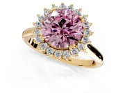 Starburst Halo Engagement Ring Setting for Fancy Pink Round Cut Center with Thin Round-Wire Band and Prong Head in Yellow Gold