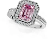 Halo Engagement Ring Setting for Fancy Pink Emerald Cut Center with Milgrain Halo, Pave Band and Prong Head in White Gold