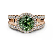 Halo Engagement Ring Setting for Fancy Green Round Cut Center with Wide-Open Pave Split Shank and Prong Head in Rose Gold