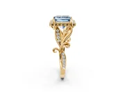 Halo Engagement Ring Setting for Fancy Blue Princess Cut Center with Leaf Motif Split Shank and Prong Head in Yellow Gold