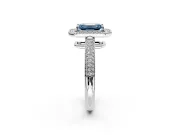Milgrain Halo Engagement Ring Setting for Fancy Blue Emerald Cut Center with Three-Sided Pave Band and Prong Head in Platinum