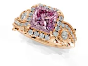 Bypass Halo Engagement Ring Setting for Fancy Pink Princess Cut Center with Bezel Accents, Milgrain and Prong Head in Rose Gold