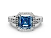 Milgrain Halo Engagement Ring Setting for Fancy Blue Asscher Cut Center with Pave Band and Prong Head in Platinum