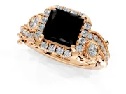 Bypass Halo Engagement Ring Setting for Fancy Black Princess Cut Center with Bezel Accents, Milgrain and Prong Head in Rose Gold