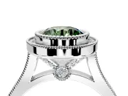 Halo Engagement Ring Setting for Fancy Green Round Cut Center with Milgrain Frame, Pave Band and Prong Head in Platinum