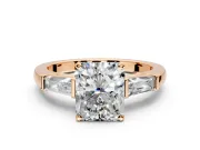 3 Stone Engagement Ring Setting for Radiant Cut Center with Tapered Baguettes, Plain Band and Prong Head in Rose Gold