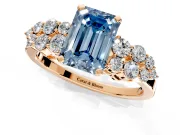 Cluster Engagement Ring Setting for Fancy Blue Emerald Cut Center with 2-Row Shoulder Clusters and Prong Head in Rose Gold