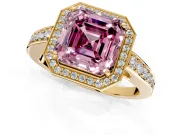 Bezel-Framed Halo Engagement Ring Setting for Fancy Pink Asscher Cut Center with Pave Band and Prong Head in Yellow Gold