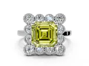 Cluster Halo Engagement Ring Setting for Fancy Yellow Asscher Cut Center with Milgrain Bezel Accents and Prong Head in Platinum