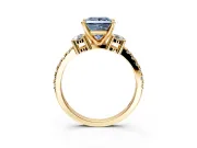3 Stone Engagement Ring Setting for Fancy Blue Princess Cut Center with Round Cut Side Accents and Prong Head in Yellow Gold