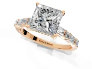 Baguette Engagement Ring Setting for Princess Cut Center with Alternating Bar-Set Band and Prong Head in Rose Gold