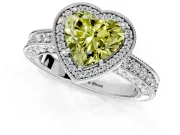 Milgrain Halo Engagement Ring Setting for Fancy Yellow Heart-Shaped Center with Wide Pave Band and Prong Head in Platinum