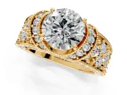 Pave Engagement Ring Setting for Round Cut Center with Curved Accent Rows, Openwork and Prong Head in Yellow Gold