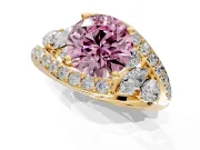 Halo Engagement Ring Setting for Fancy Pink Round Cut Center with Marquise and Pave Bypass Band and Prong Head in Yellow Gold