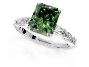 Baguette Engagement Ring Setting for Fancy Green Radiant Cut Center with Alternating Bar-Set Band and Prong Head in White Gold