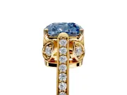 Cathedral Engagement Ring Setting for Fancy Blue Cushion Cut Center with Antique-Style Pave Band and Prong Head in Yellow Gold