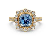 Milgrain Halo Engagement Ring Setting for Fancy Blue Cushion Cut Center with Bezel Point Accents and Prong Head in Yellow Gold