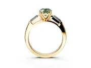 3 Stone Engagement Ring Setting for Fancy Green Oval Center with Tapered Baguettes, Plain Band and Prong Head in Yellow Gold