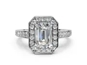 Bezel-Framed Halo Engagement Ring Setting for Emerald Cut Center with Pave Band and Prong Head in Sterling Silver