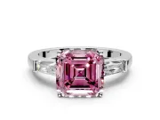 3 Stone Engagement Ring Setting for Fancy Pink Asscher Cut Center with Tapered Baguettes, Plain Band and Prong Head in White Gold