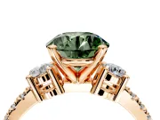 3 Stone Engagement Ring Setting for Fancy Green Round Cut Center with Round Cut Side Accents and Prong Head in Rose Gold