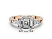 3 Stone Engagement Ring Setting for Asscher Cut Center with Tapered Baguettes, Plain Band and Prong Head in Rose Gold