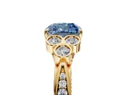 Cluster Engagement Ring Setting for Fancy Blue Cushion Cut Center with Bezel Accent Clusters and Prong Head in Yellow Gold