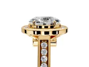 Halo Engagement Ring Setting for Oval Center with Outer Bezel Rim, Pave Band and Prong Head in Yellow Gold