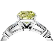 Bar-Set Engagement Ring Setting for Fancy Yellow Cushion Cut Center with Tapered Baguette Accents and Prong Head in White Gold