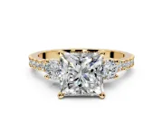 3 Stone Engagement Ring Setting for Princess Cut Center with Round Cut Side Accents and Prong Head in Yellow Gold