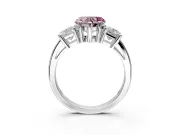 3 Stone Engagement Ring Setting for Fancy Pink Heart-Shaped Center with Matching Side Accents and Prong Head in Platinum