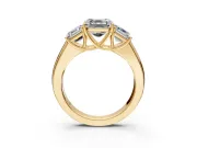 3 Stone Engagement Ring Setting for Asscher Cut Center with Raised Basket Heads and Prong Head in Yellow Gold