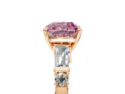Bar-Set Engagement Ring Setting for Fancy Pink Cushion Cut Center with Tapered Baguette Accents and Prong Head in Rose Gold