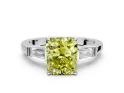 3 Stone Engagement Ring Setting for Fancy Yellow Radiant Cut Center with Channel Baguette Accents and Prong Head in Platinum