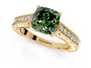 Solitaire Engagement Ring Setting for Fancy Green Cushion Cut Center with Engraved Pave Band and Prong Head in Yellow Gold