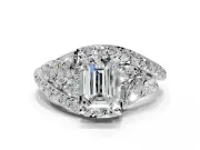 Halo Engagement Ring Setting for Emerald Cut Center with Marquise and Pave Bypass Band and Prong Head in Platinum